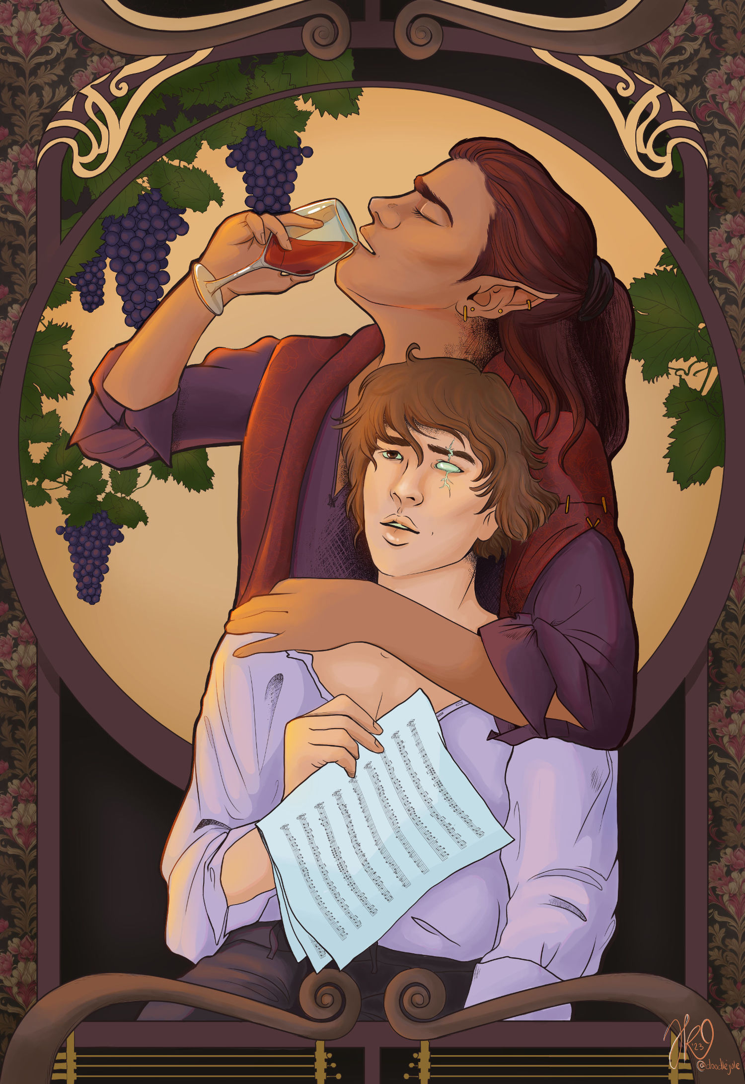 My role-playing character Aramil and his lover, the group's bard. Two men arm in arm, one drinking wine, the other holding sheet music.