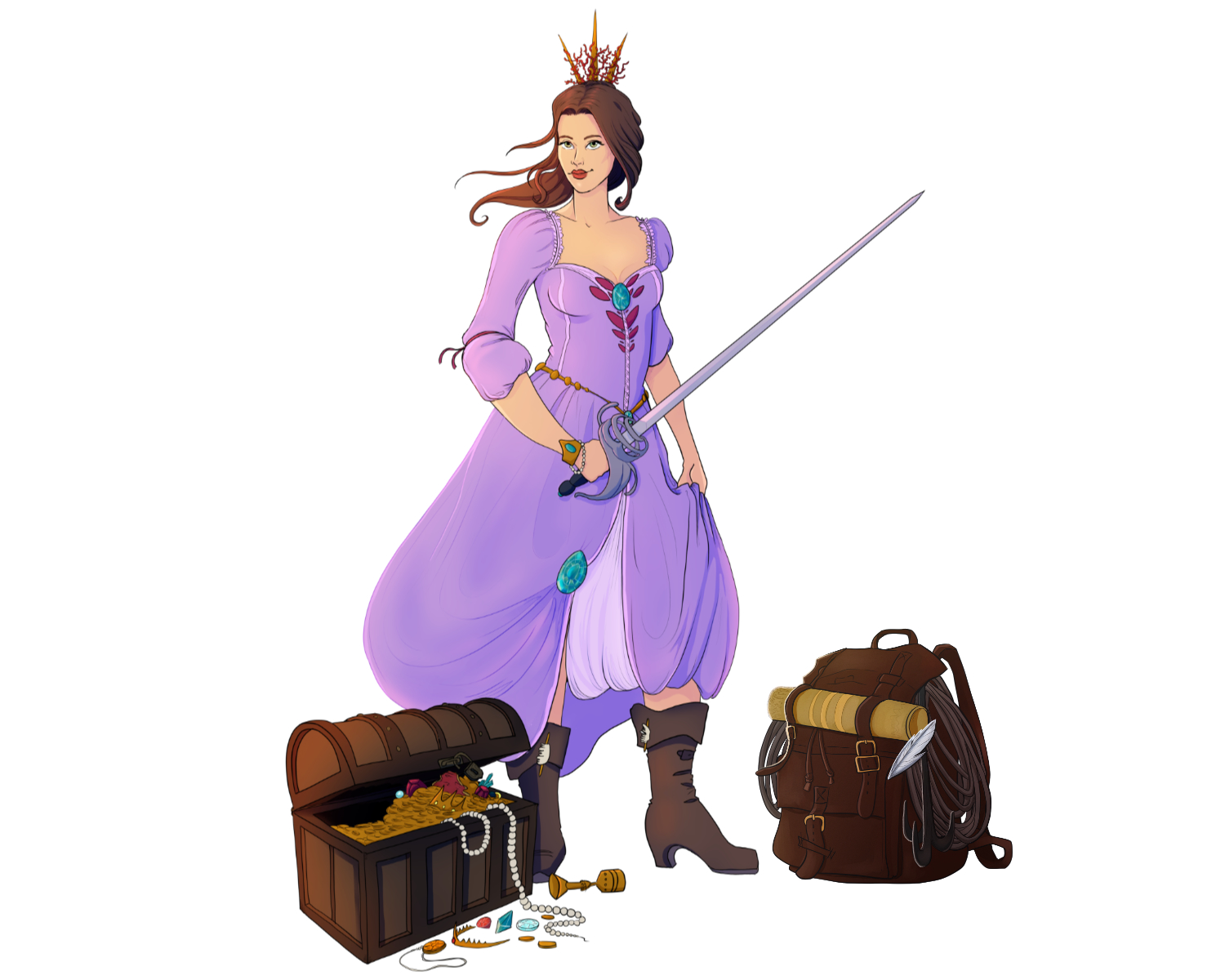 Character with a treasure chest and adventuring gear rucksack