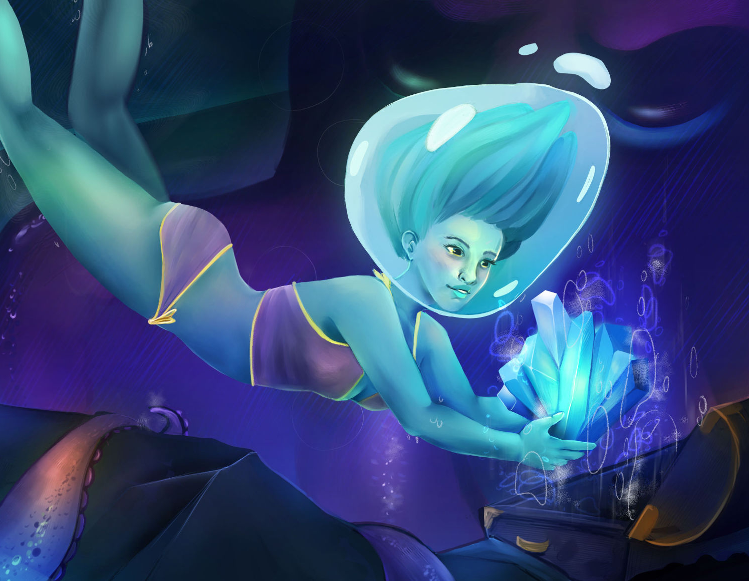 A painting of a woman diving for crystals while a tentacled monster looks on in the background