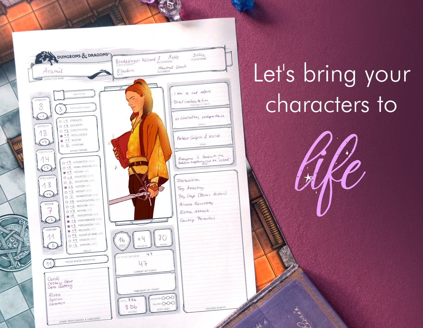 Let's bring your characters to life - photo of table with a Dungeons and Dragons character sheet