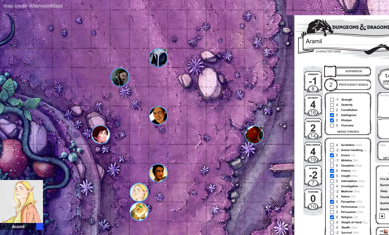 Screenshot from Roll20 with a map and character tokens