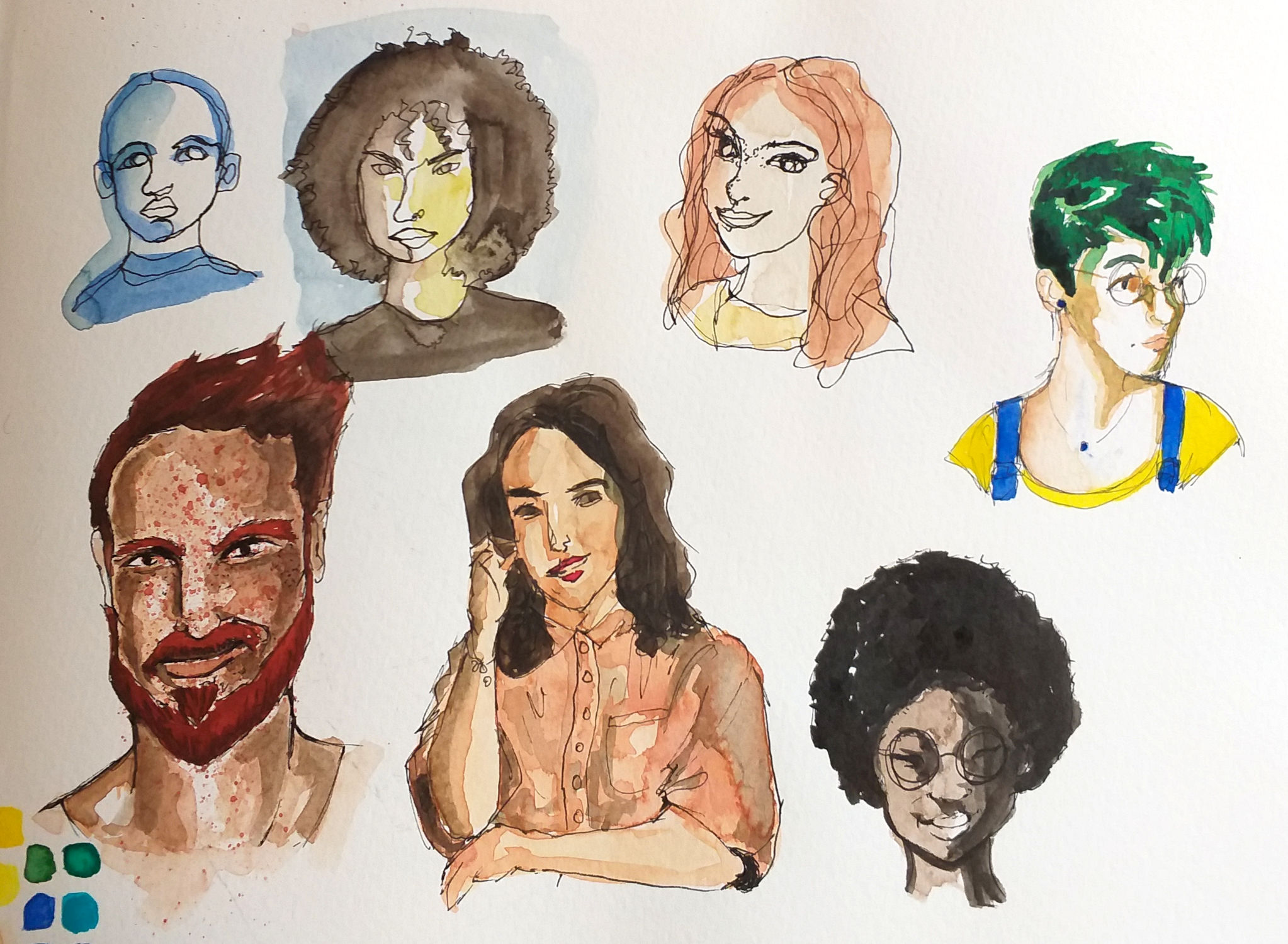 Portrait Sketching, Watercolours and Fineliner